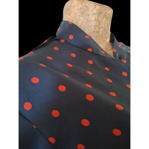 Vtg Navy Blue Dress With Red Polka Dots Button Front Short Sleeves